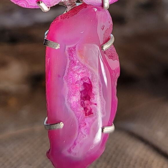 Pink Agate Geode Pendant Sterling Silver, Handmade Boho Crystal Necklace - Picture 3 of 10